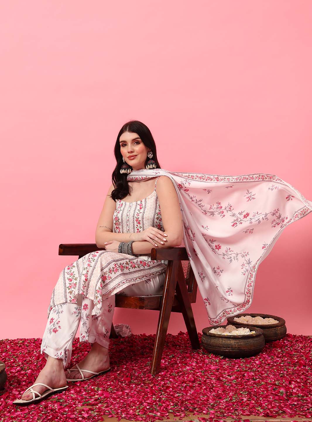 White Floral Spaghetti Strap Straight Kurta Set with Digital Print - Mahukaa