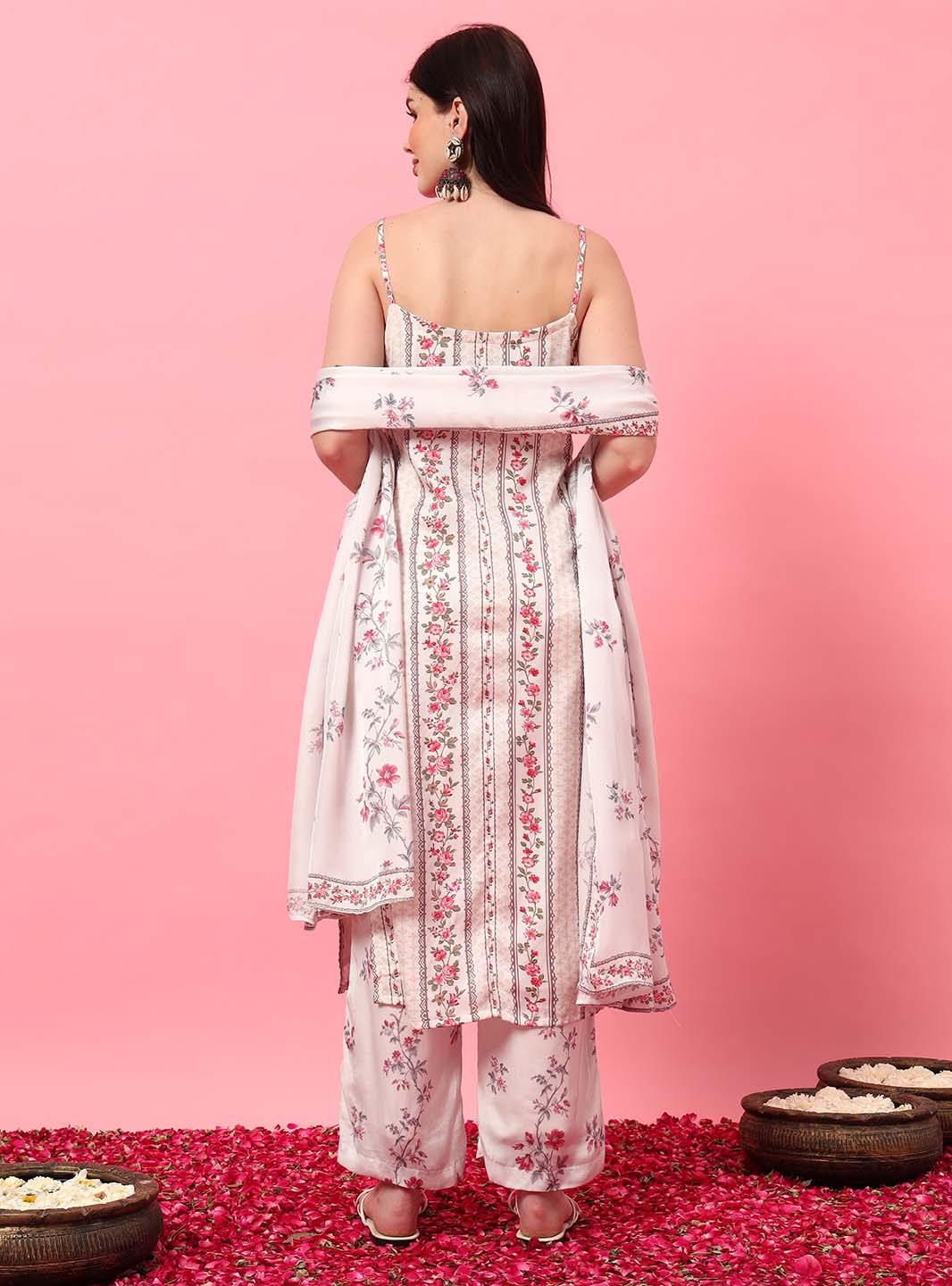 White Floral Spaghetti Strap Straight Kurta Set with Digital Print - Mahukaa