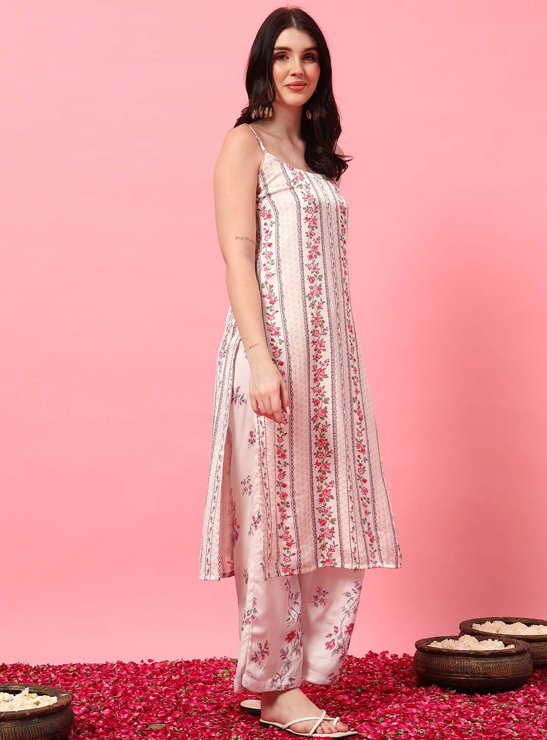 White Floral Spaghetti Strap Straight Kurta Set with Digital Print - Mahukaa