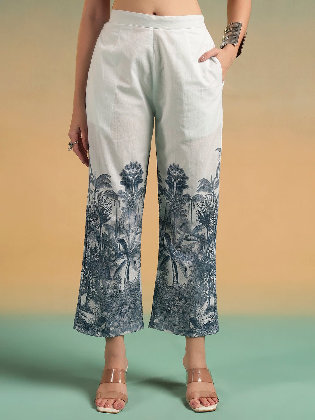 White Tropical Printed A - Line Co - ord Set with Spaghetti Straps - Mahukaa