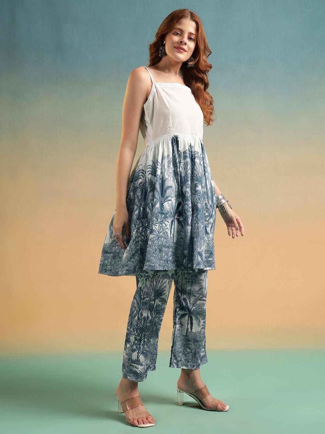 White Tropical Printed A - Line Co - ord Set with Spaghetti Straps - Mahukaa