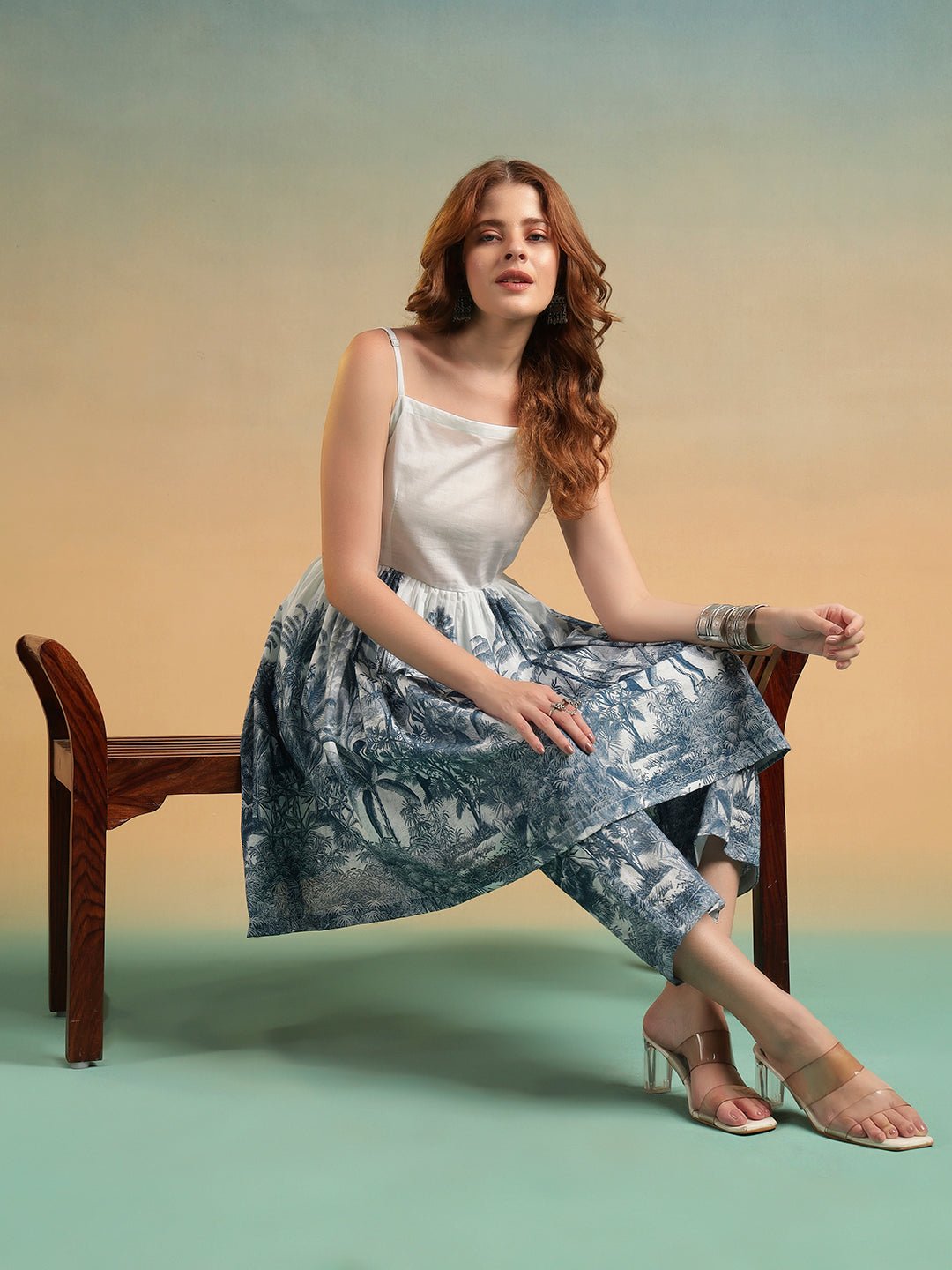 White Tropical Printed A - Line Co - ord Set with Spaghetti Straps - Mahukaa