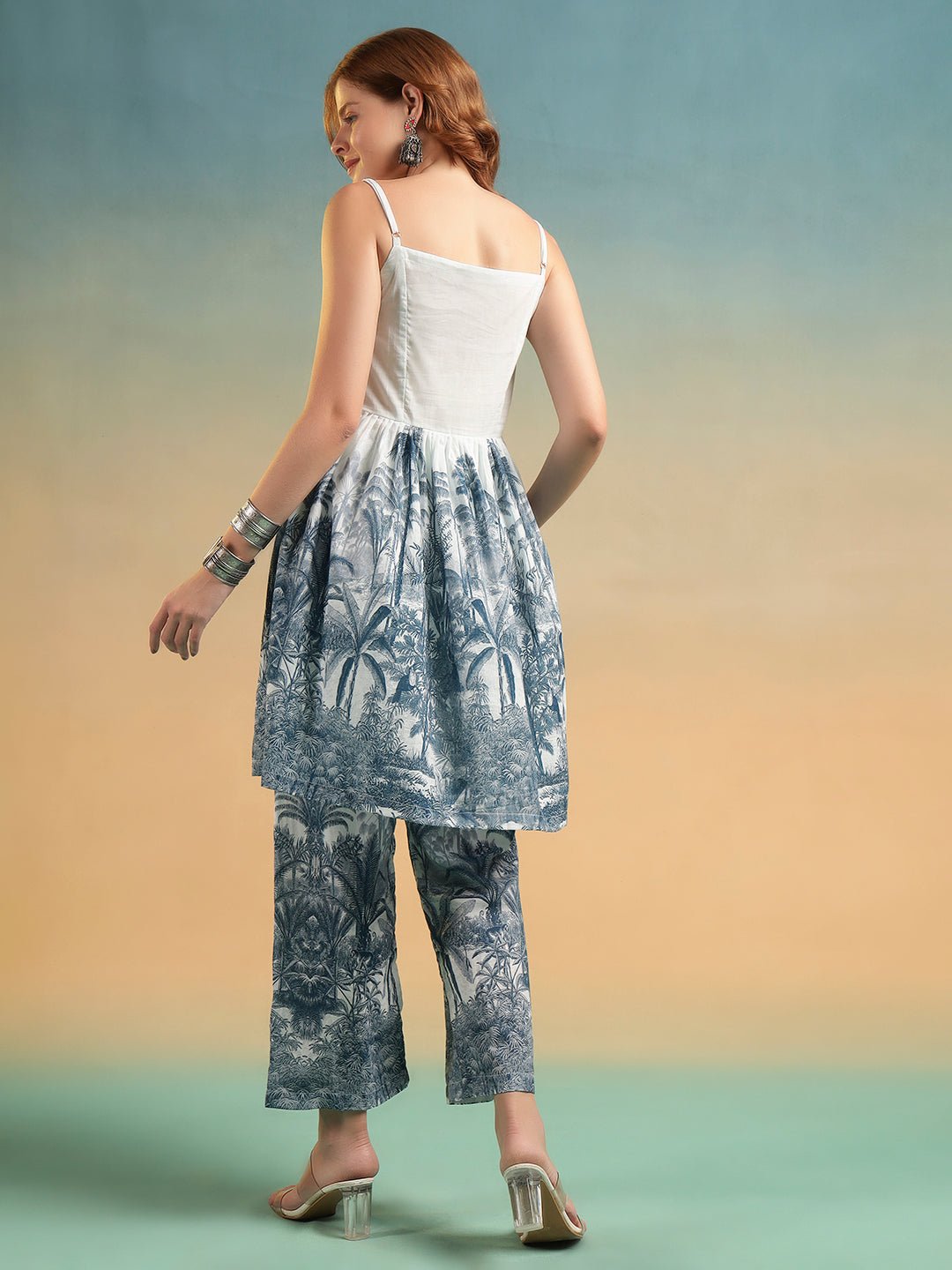 White Tropical Printed A - Line Co - ord Set with Spaghetti Straps - Mahukaa