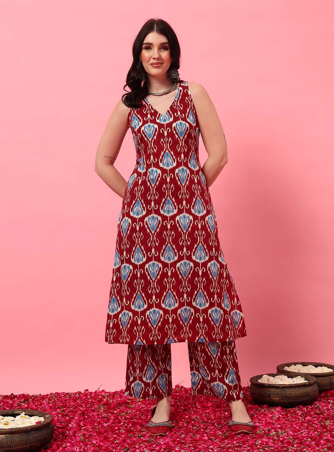Wine Ikkat Straight Kurta Set with Round V - Neck - Mahukaa