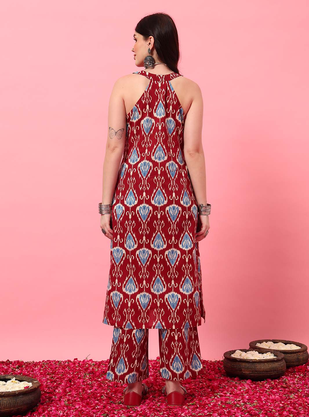 Wine Ikkat Straight Kurta Set with Round V - Neck - Mahukaa