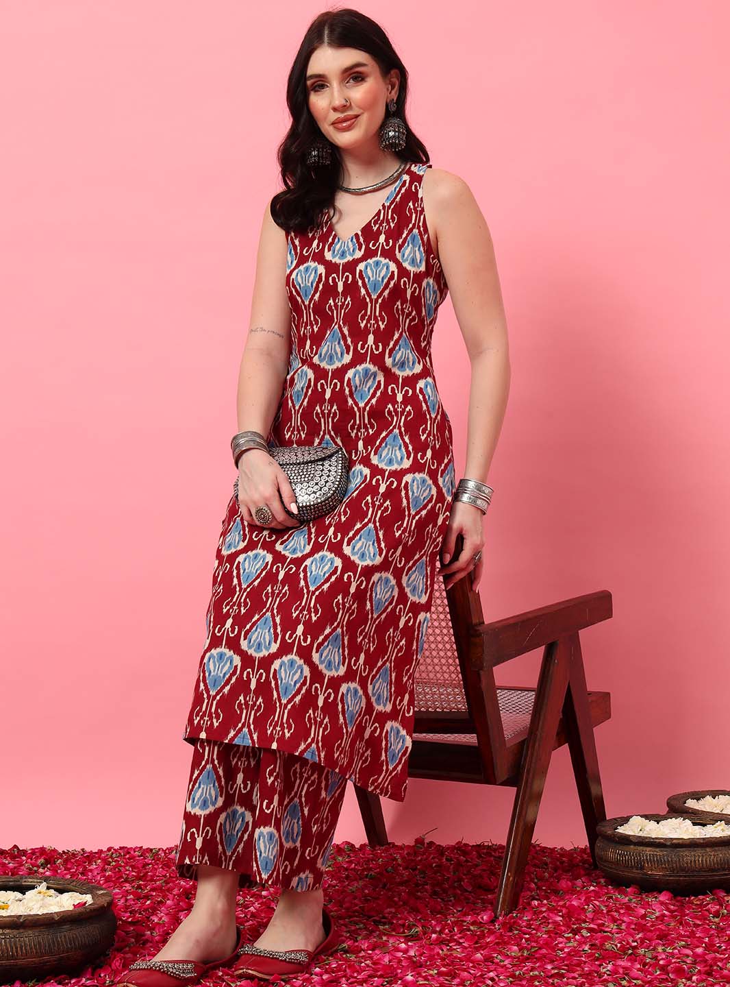 Wine Ikkat Straight Kurta Set with Round V - Neck - Mahukaa