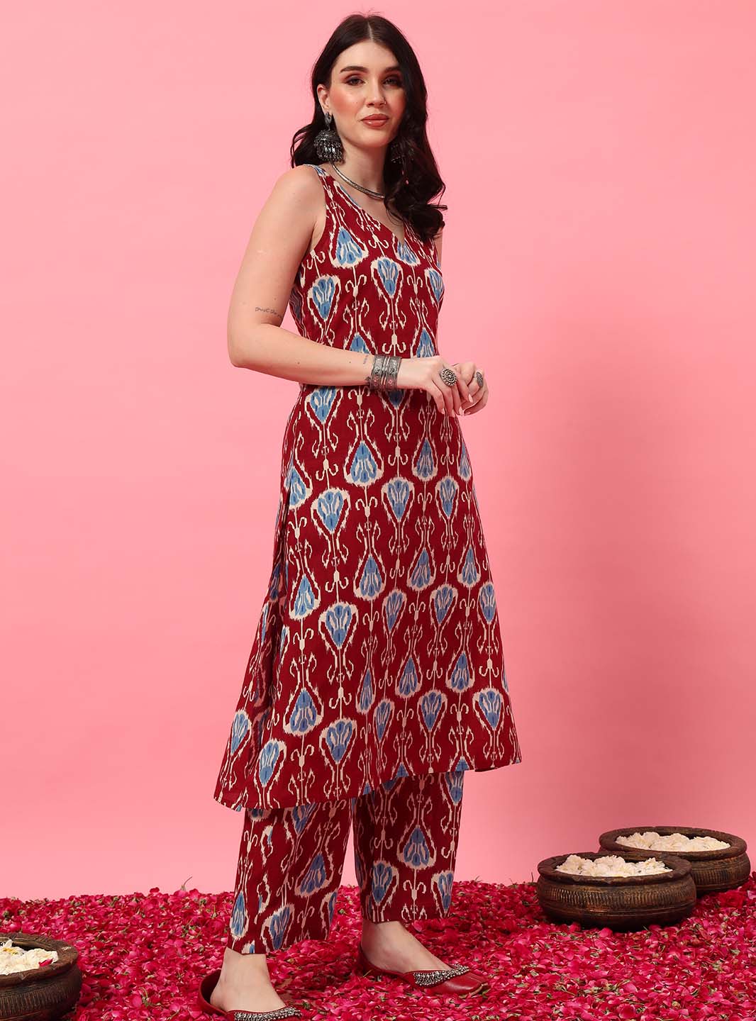 Wine Ikkat Straight Kurta Set with Round V - Neck - Mahukaa