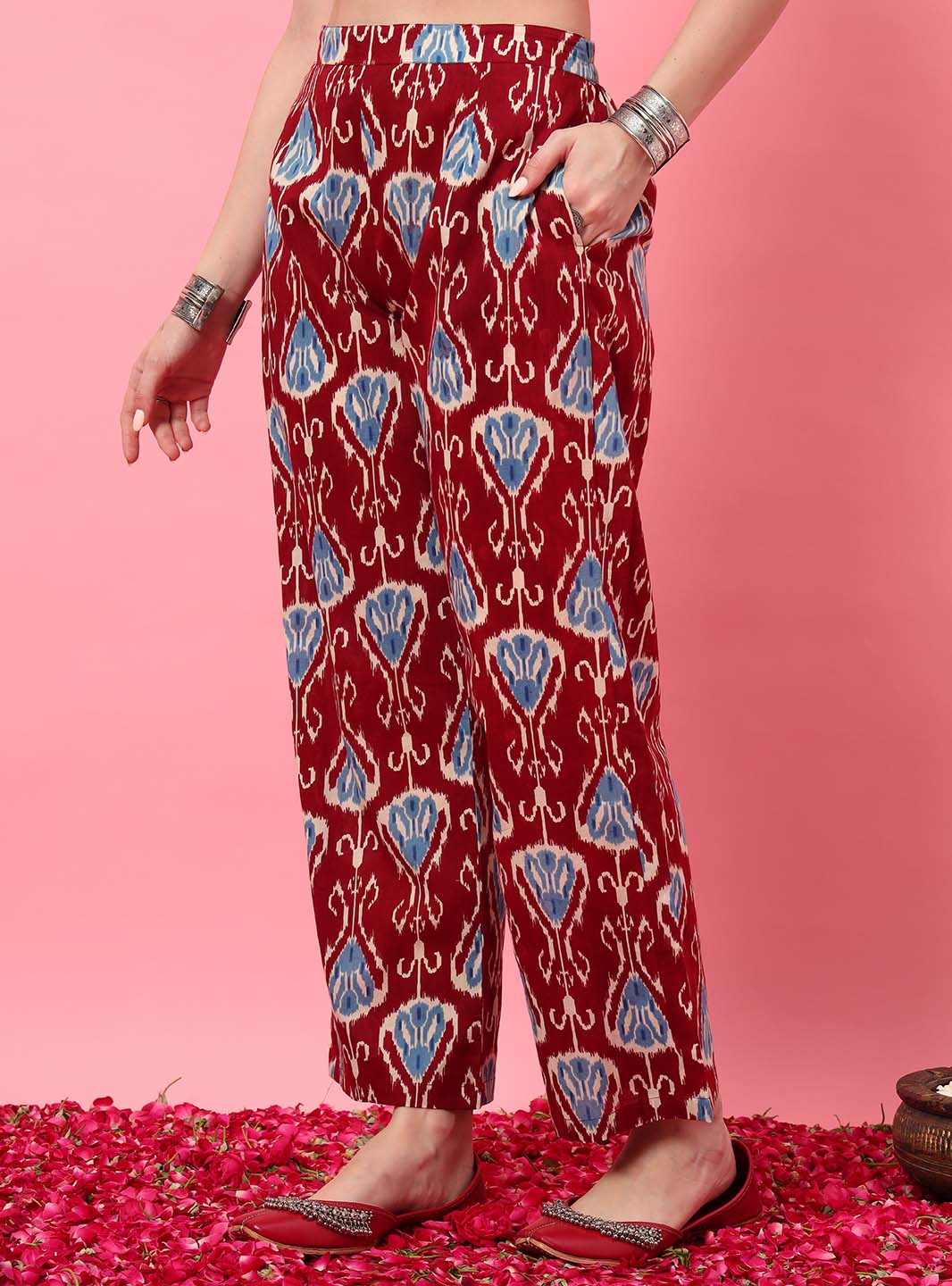 Wine Ikkat Straight Kurta Set with Round V - Neck - Mahukaa