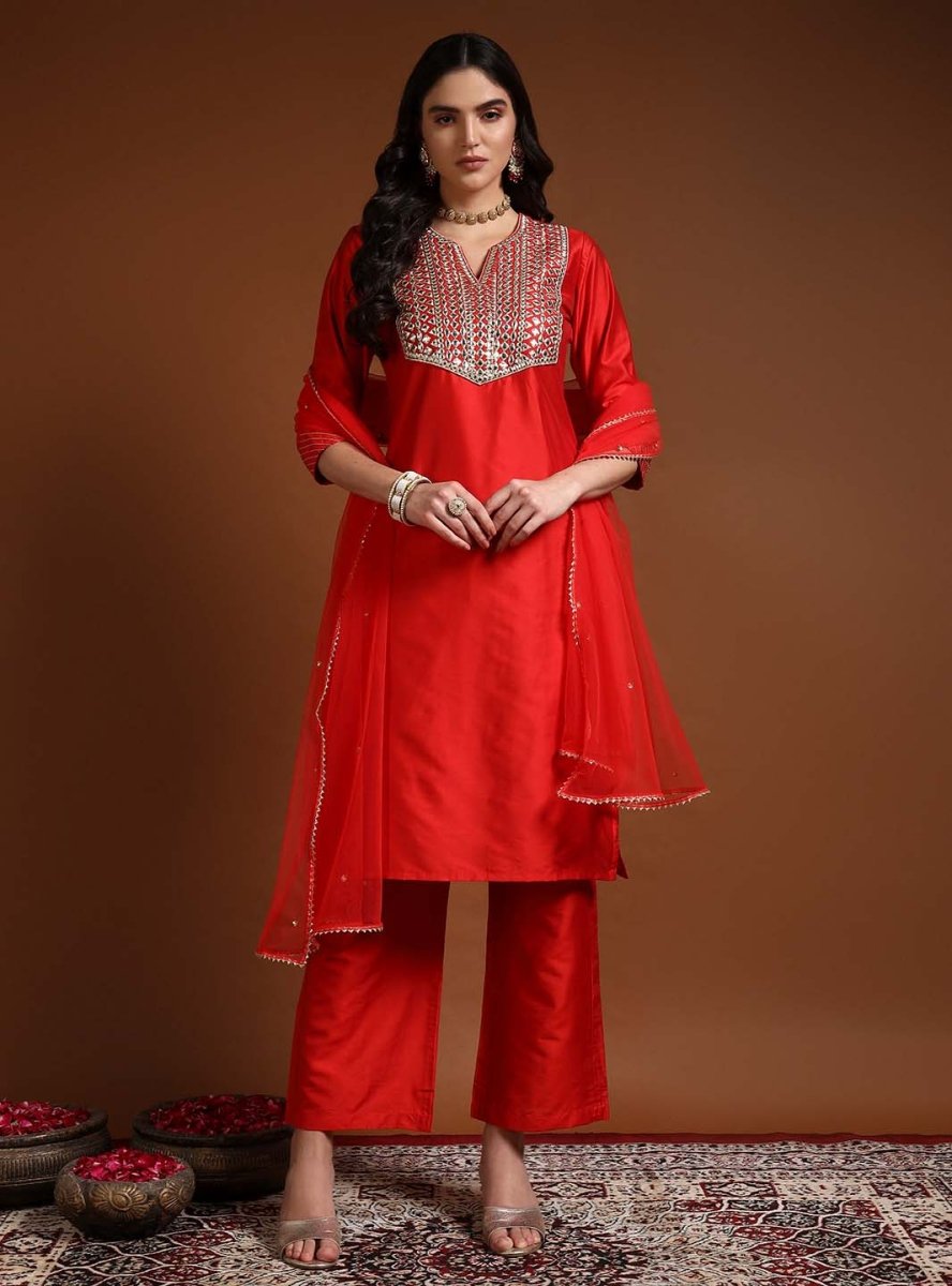 Women Red Mirror & Zari Work Kurta Set With Dupatta - Mahukaa