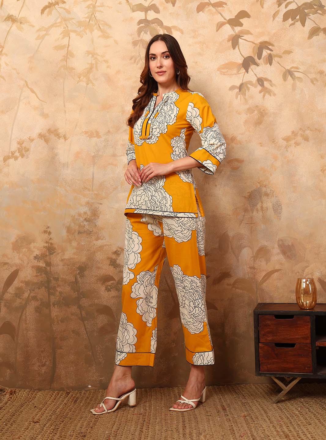 Yellow Abstract Printed Co - ord Set with Mandarin Collar - Mahukaa