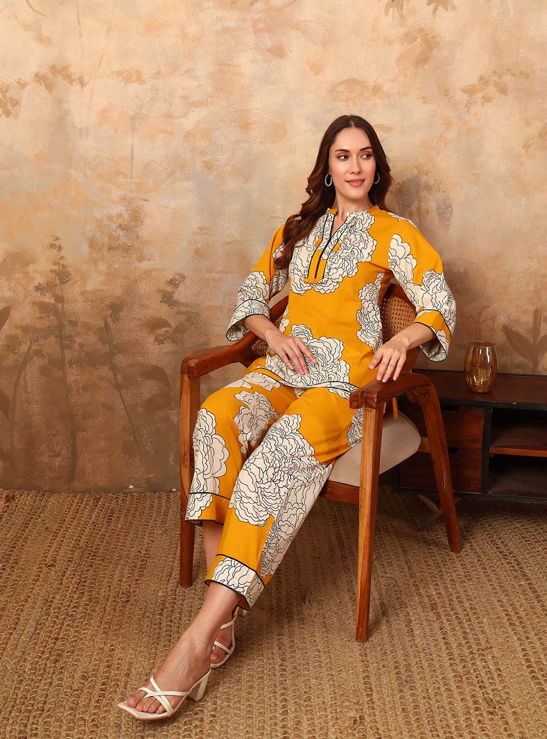 Yellow Abstract Printed Co - ord Set with Mandarin Collar - Mahukaa