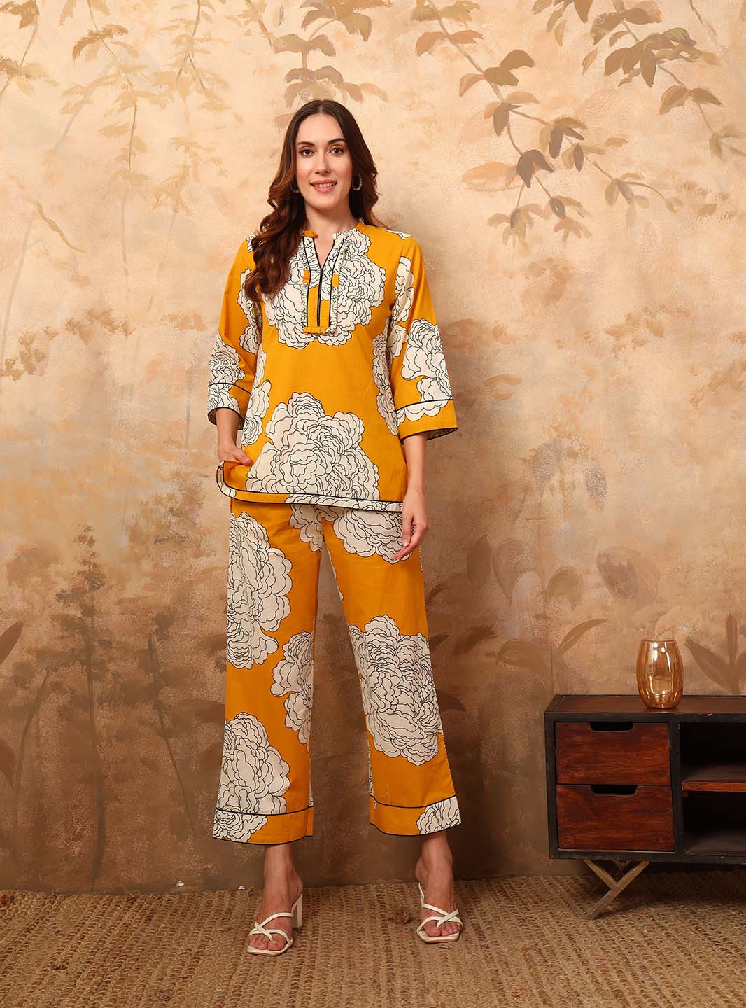 Yellow Abstract Printed Co - ord Set with Mandarin Collar - Mahukaa