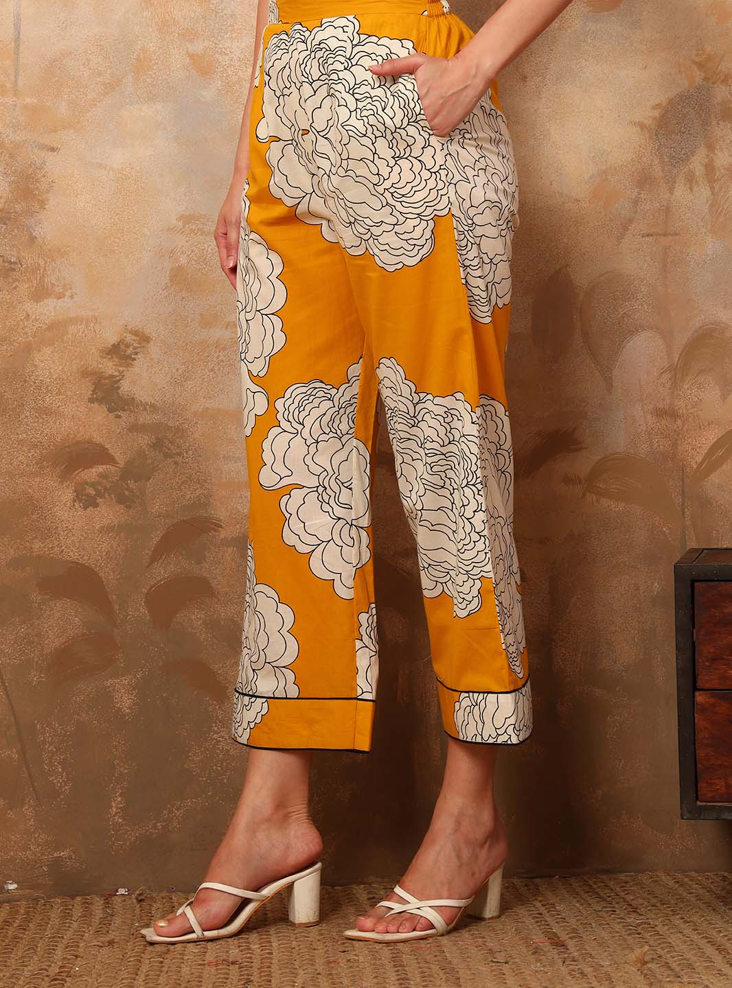 Yellow Abstract Printed Co - ord Set with Mandarin Collar - Mahukaa