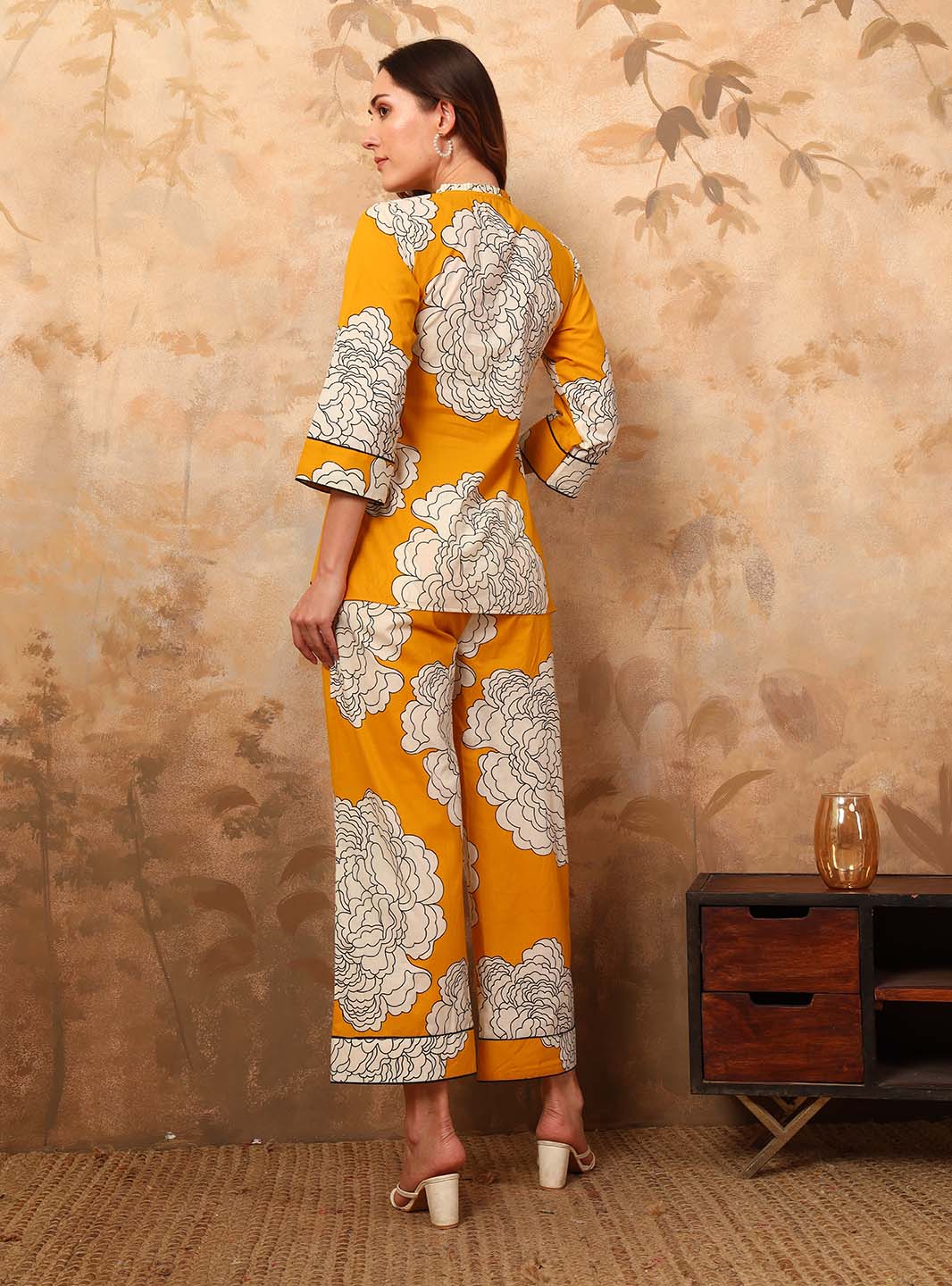 Yellow Abstract Printed Co - ord Set with Mandarin Collar - Mahukaa