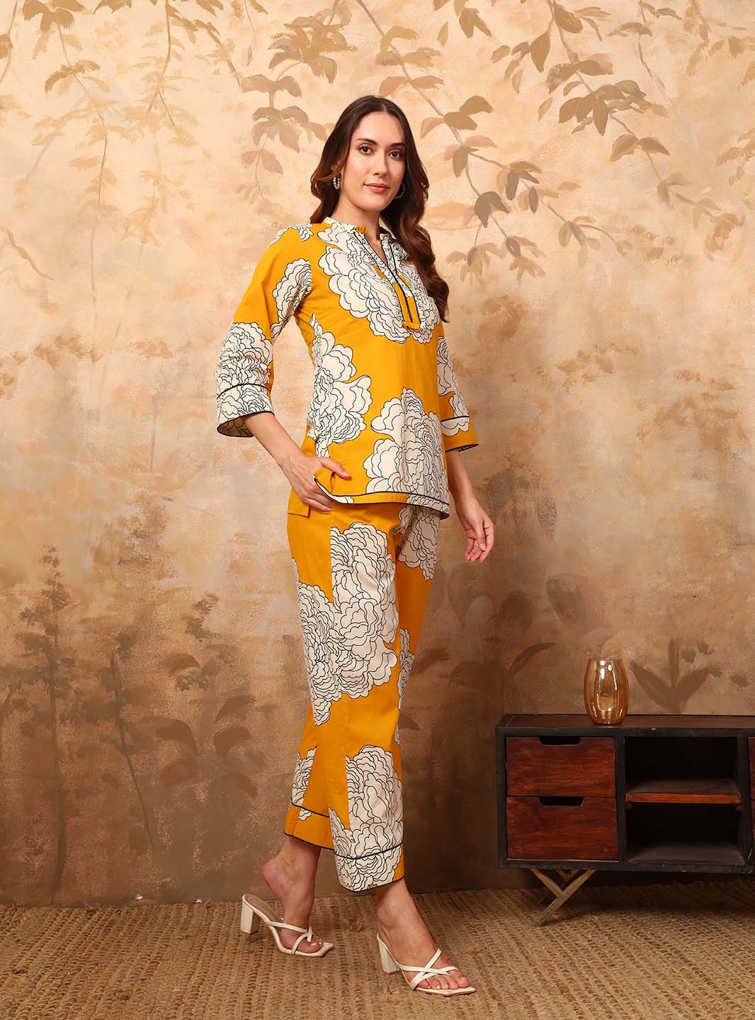 Yellow Abstract Printed Co - ord Set with Mandarin Collar - Mahukaa