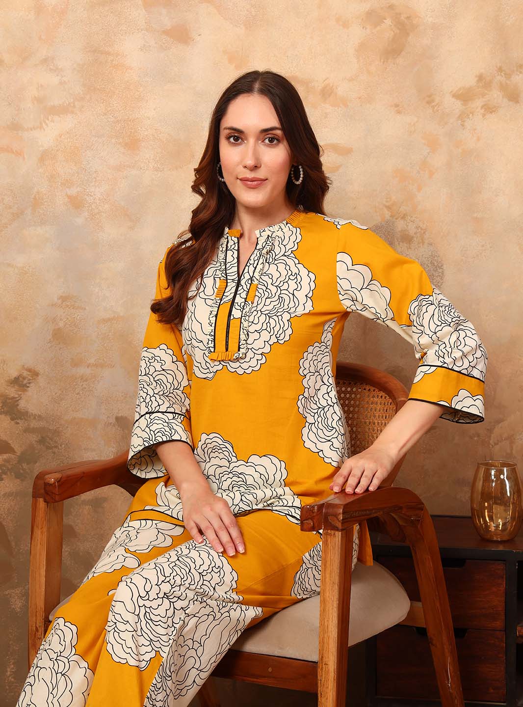 Yellow Abstract Printed Co - ord Set with Mandarin Collar - Mahukaa