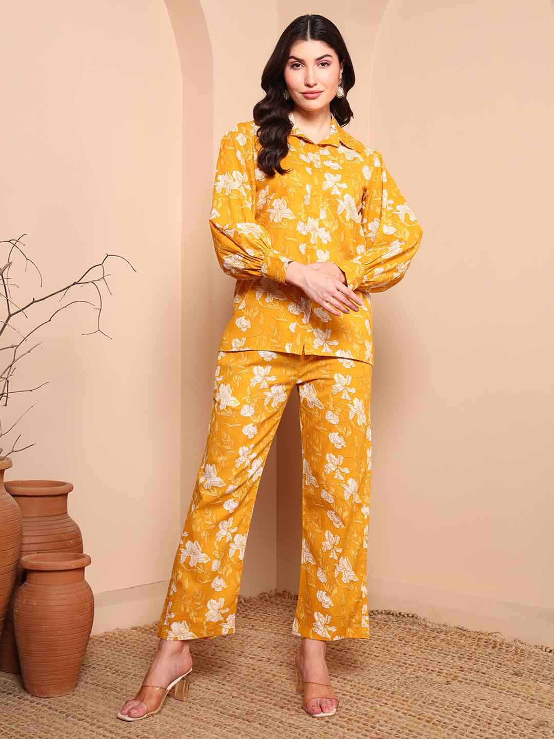 Yellow Pure Cotton Floral Co - ord Set with Shirt Collar - Mahukaa