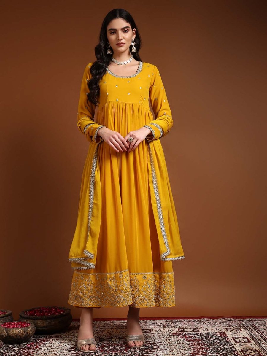 Yellow Round-neckline Anarkali Set with Lace Embroidery & Dupatta – Mahukaa