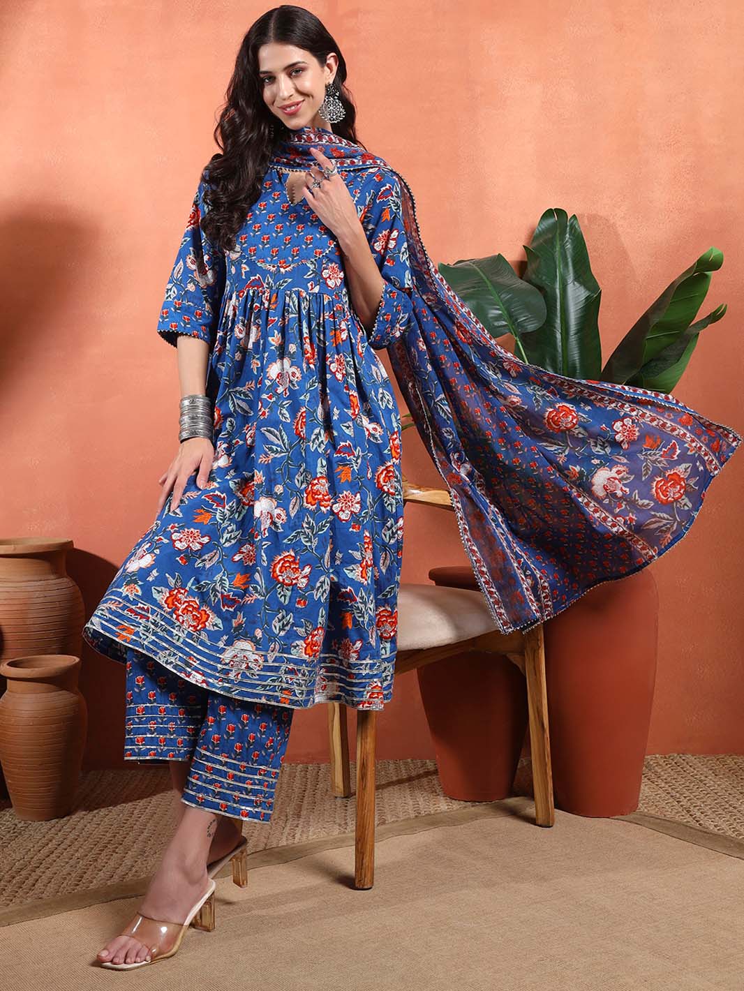 Blue Floral Anarkali Set with Classic Round Neckline and Elegant Screen Prints