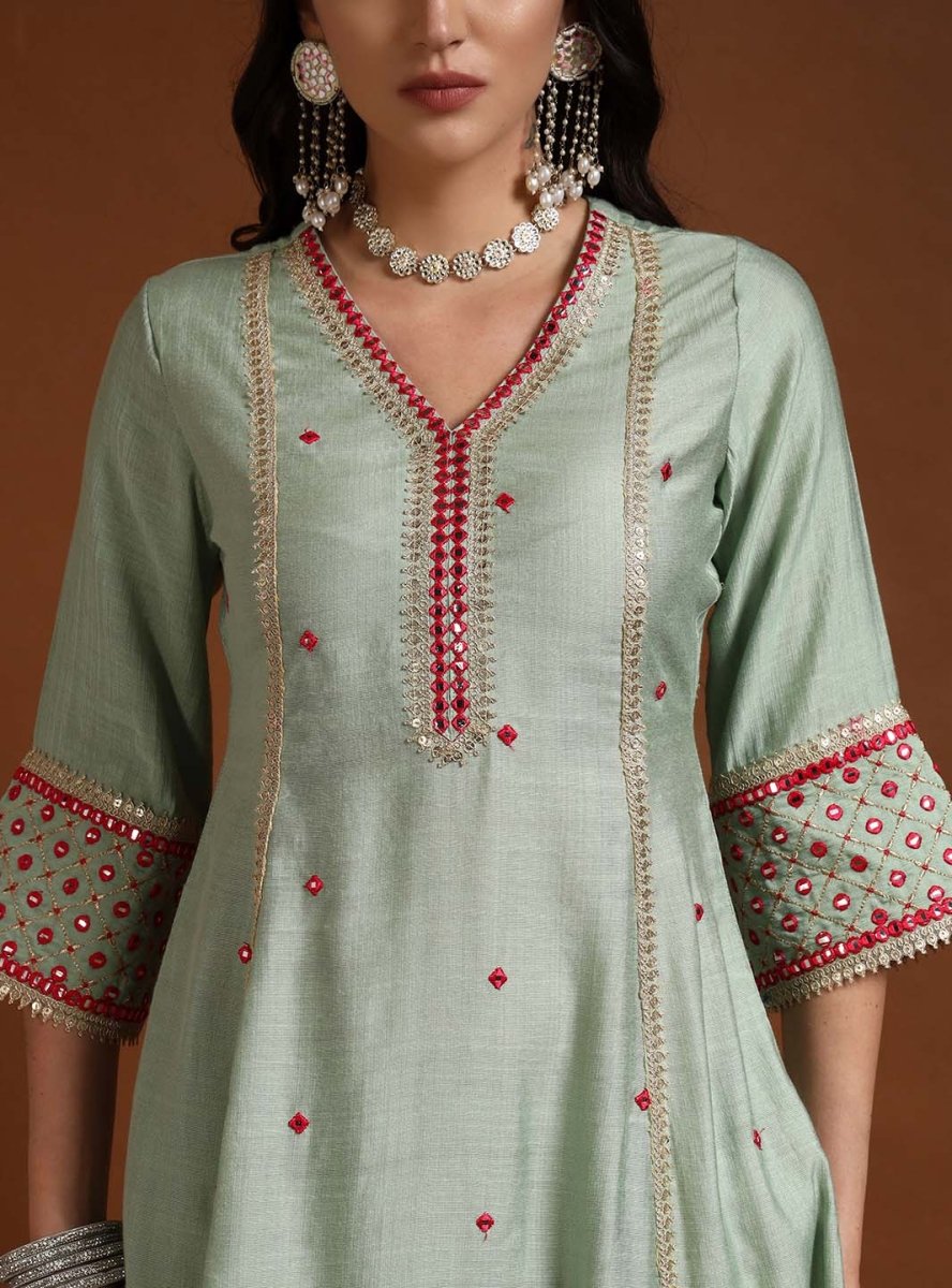 Detailed front look of Aqua V Line Kurta Set with Lace Embroidery & Dupatta