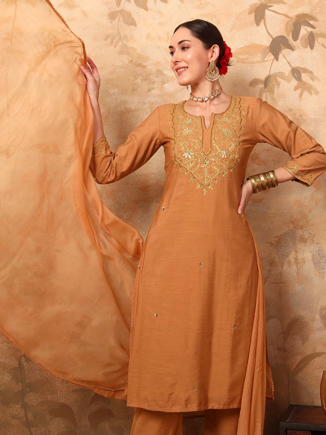 Beige Erode Silk Kurta Set with Sequin Work Chiffon Dupatta - Mahukaa