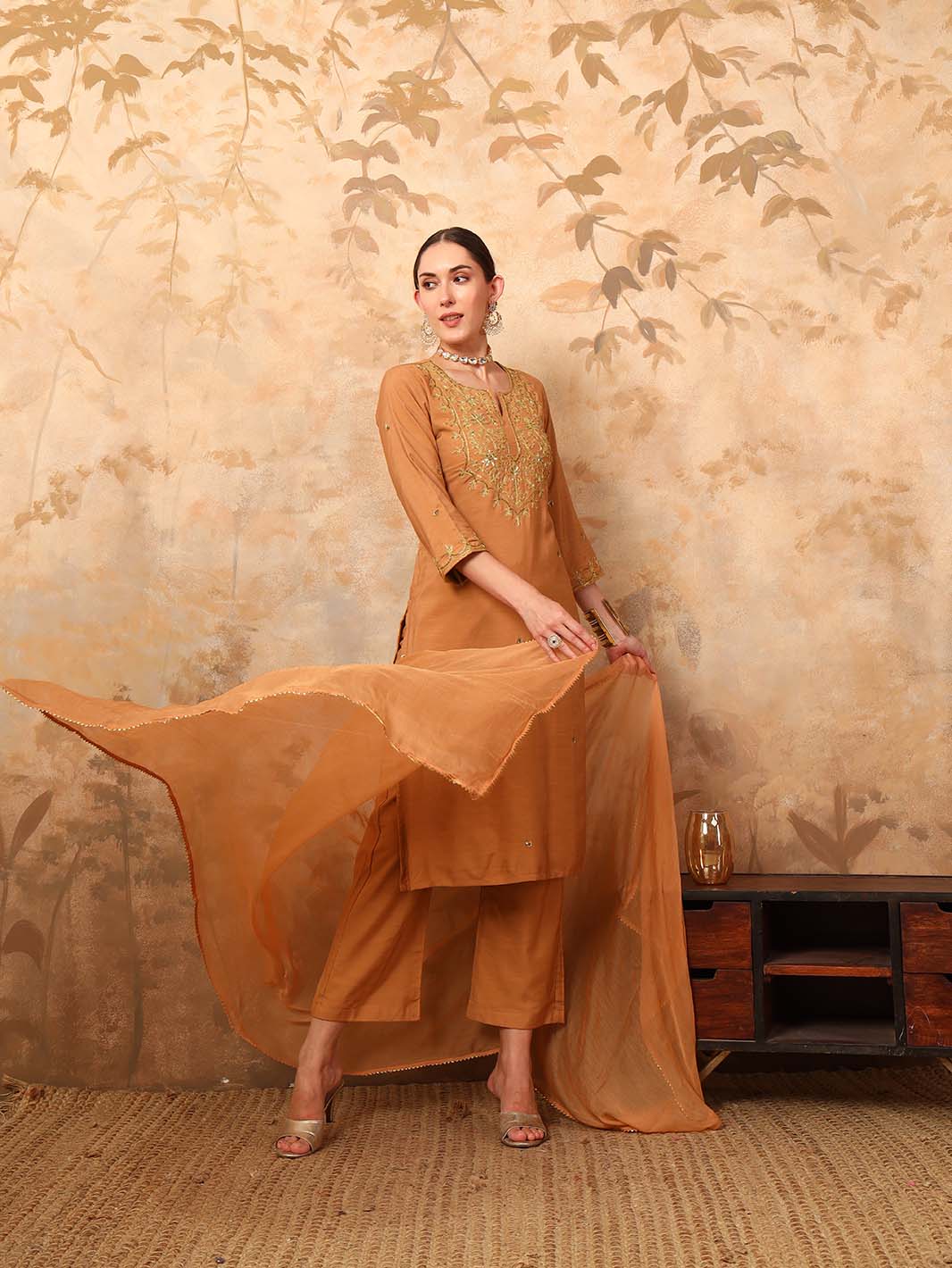 Beige Erode Silk Kurta Set with Sequin Work Chiffon Dupatta - Mahukaa