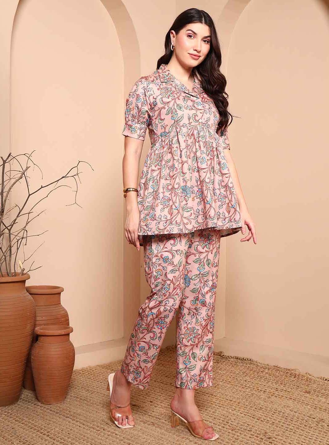 Beige Floral A - Line Co - ord Set with Notch Collar - Mahukaa