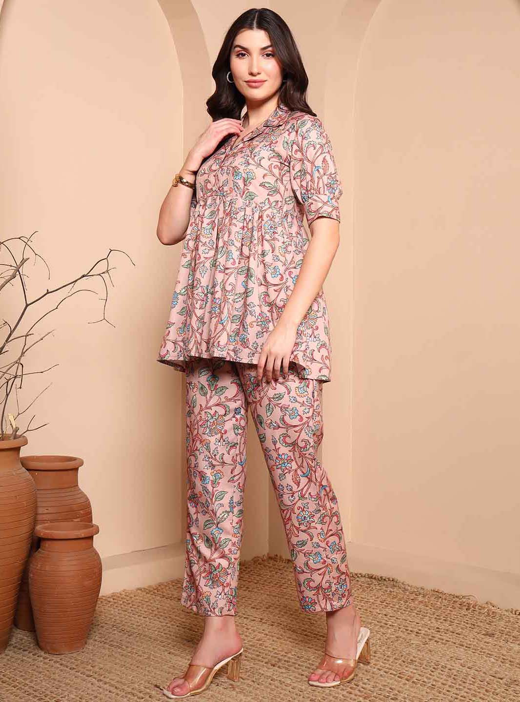 Beige Floral A - Line Co - ord Set with Notch Collar - Mahukaa