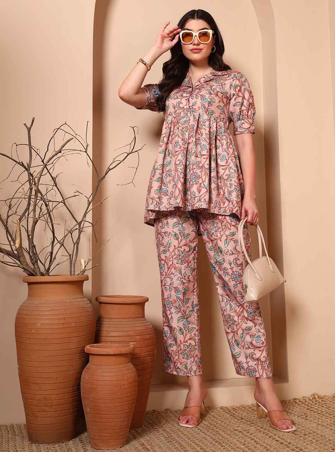Beige Floral A - Line Co - ord Set with Notch Collar - Mahukaa