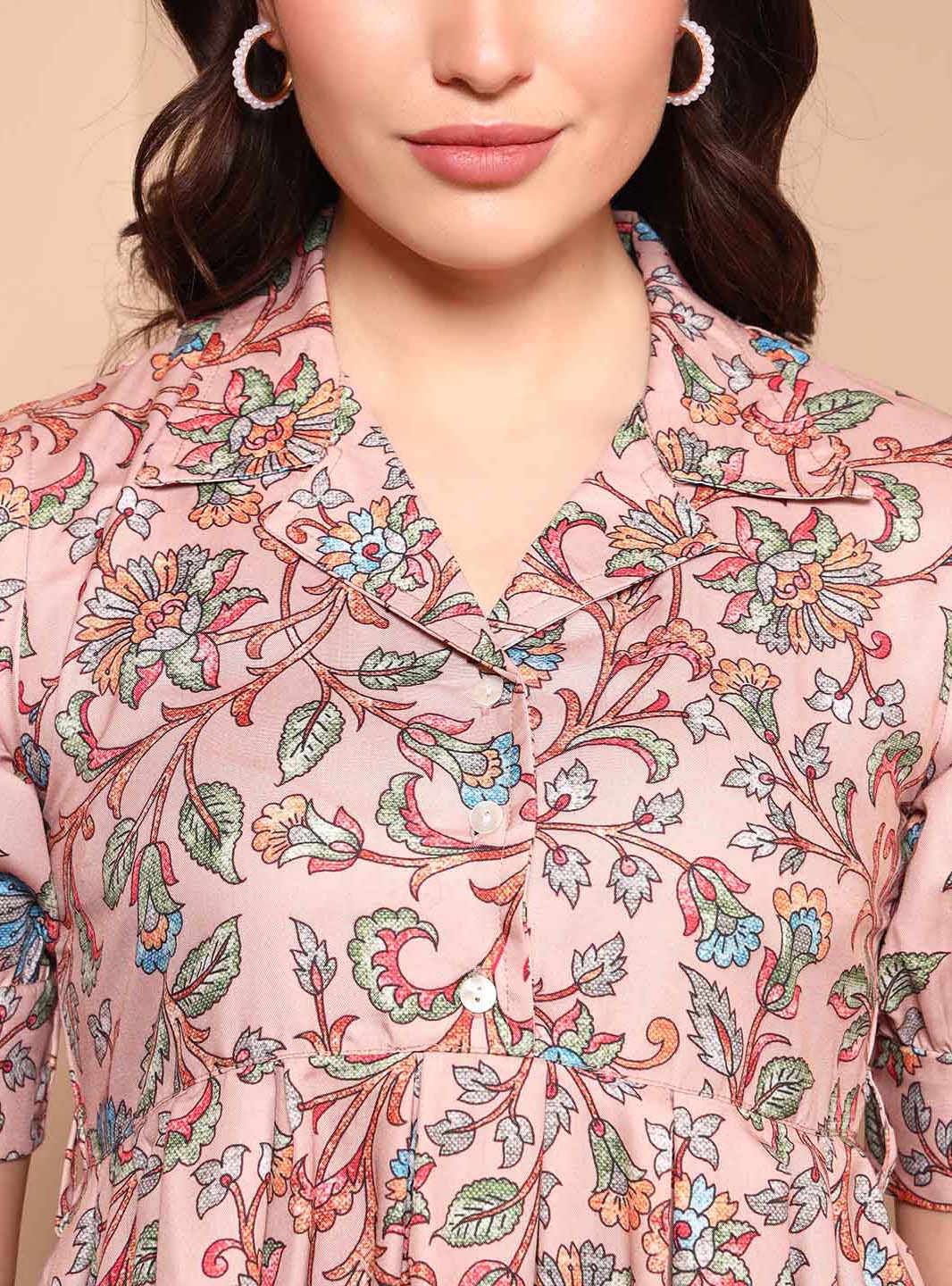 Beige Floral A - Line Co - ord Set with Notch Collar - Mahukaa