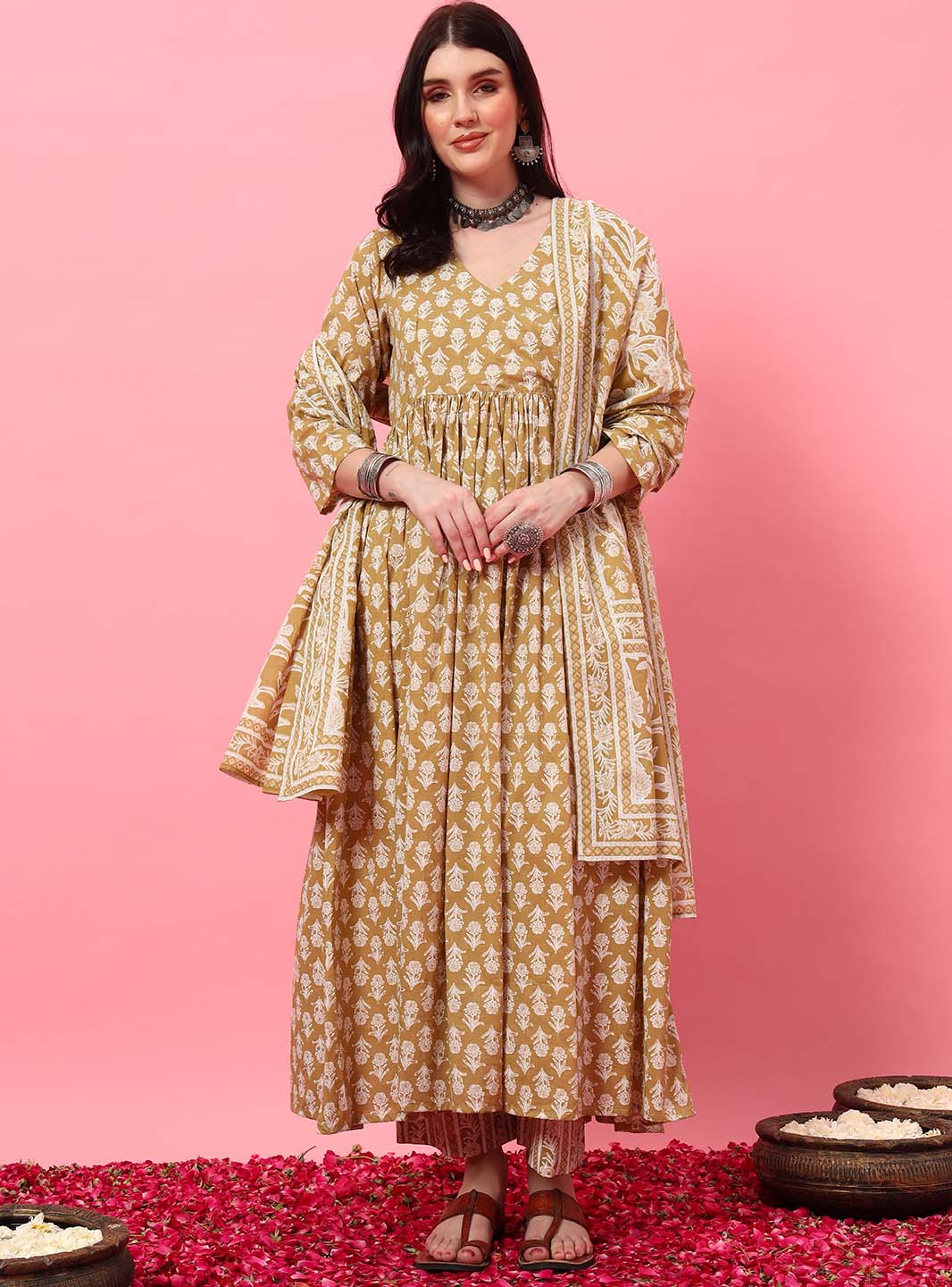 Beige Floral Angrakha Kurta Set with Round V - Neck - Mahukaa