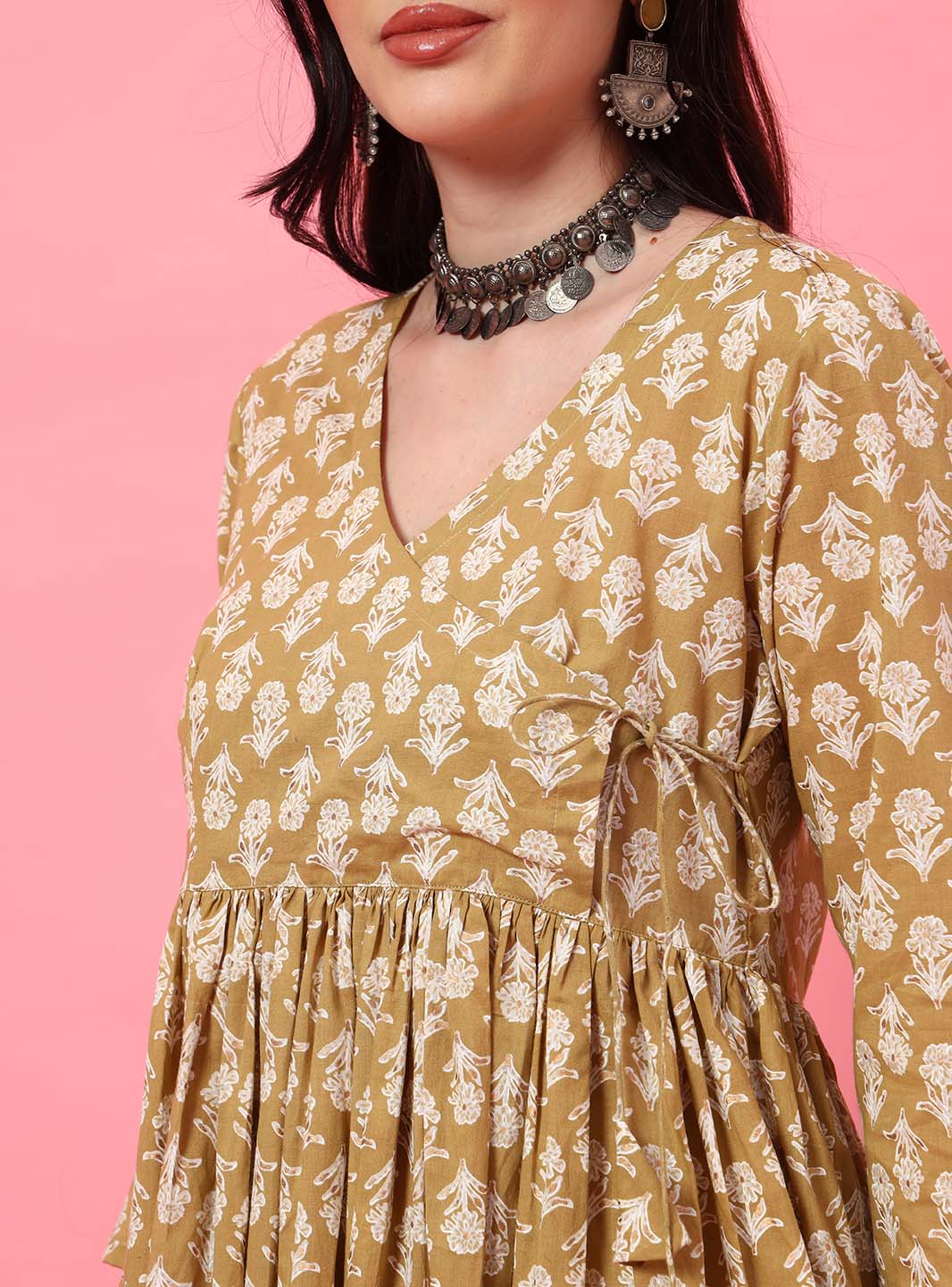 Beige Floral Angrakha Kurta Set with Round V - Neck - Mahukaa