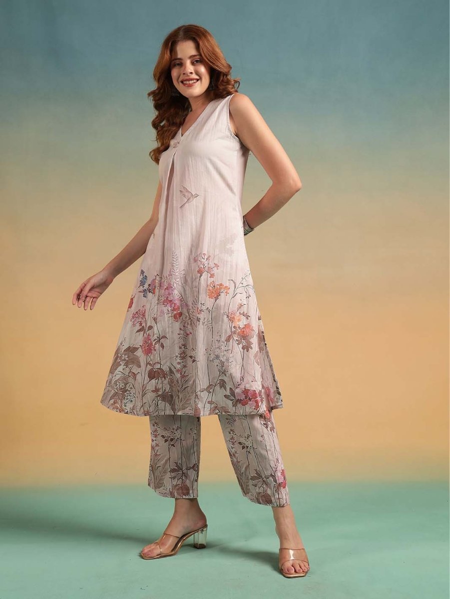 Beige Floral Placement Print A - Line Kurta Set with Round V - Neck - Mahukaa