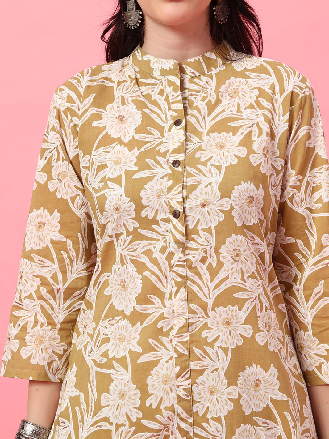 Beige Floral Printed Kurta Set A - Line Kurta Set - Mahukaa