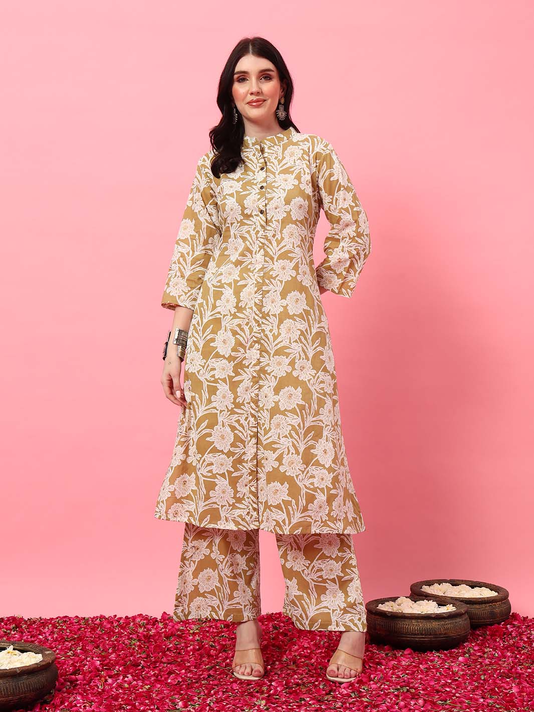 Beige Floral Printed Kurta Set A - Line Kurta Set - Mahukaa