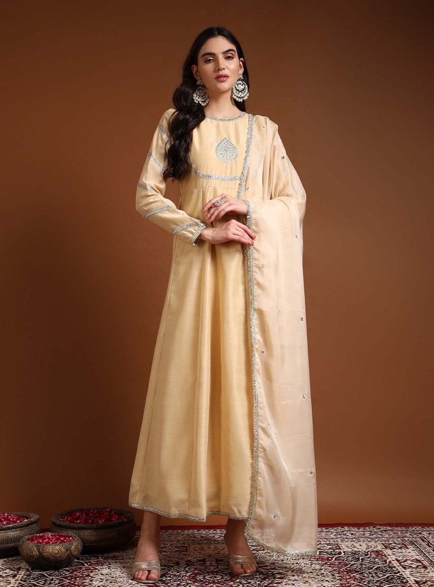 Model Wearing Beige Round Neck Embroidered Anarkali Set with Dupatta 