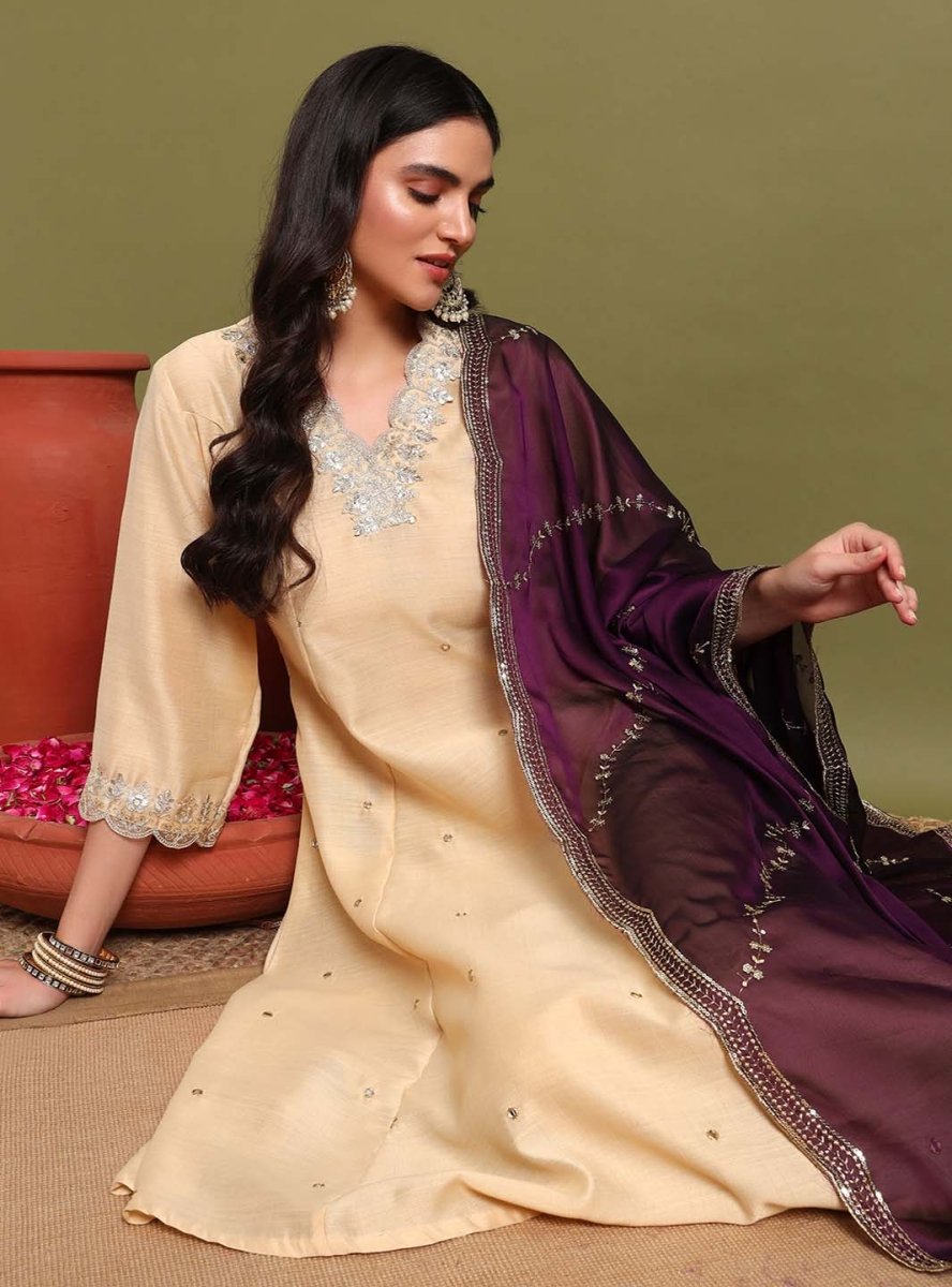 Beige V - neckline Anarkali Set with Lace Embroidery & Dupatta - Mahukaa