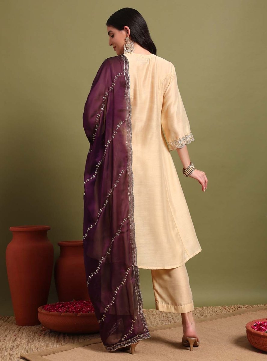 Beige V - neckline Anarkali Set with Lace Embroidery & Dupatta - Mahukaa