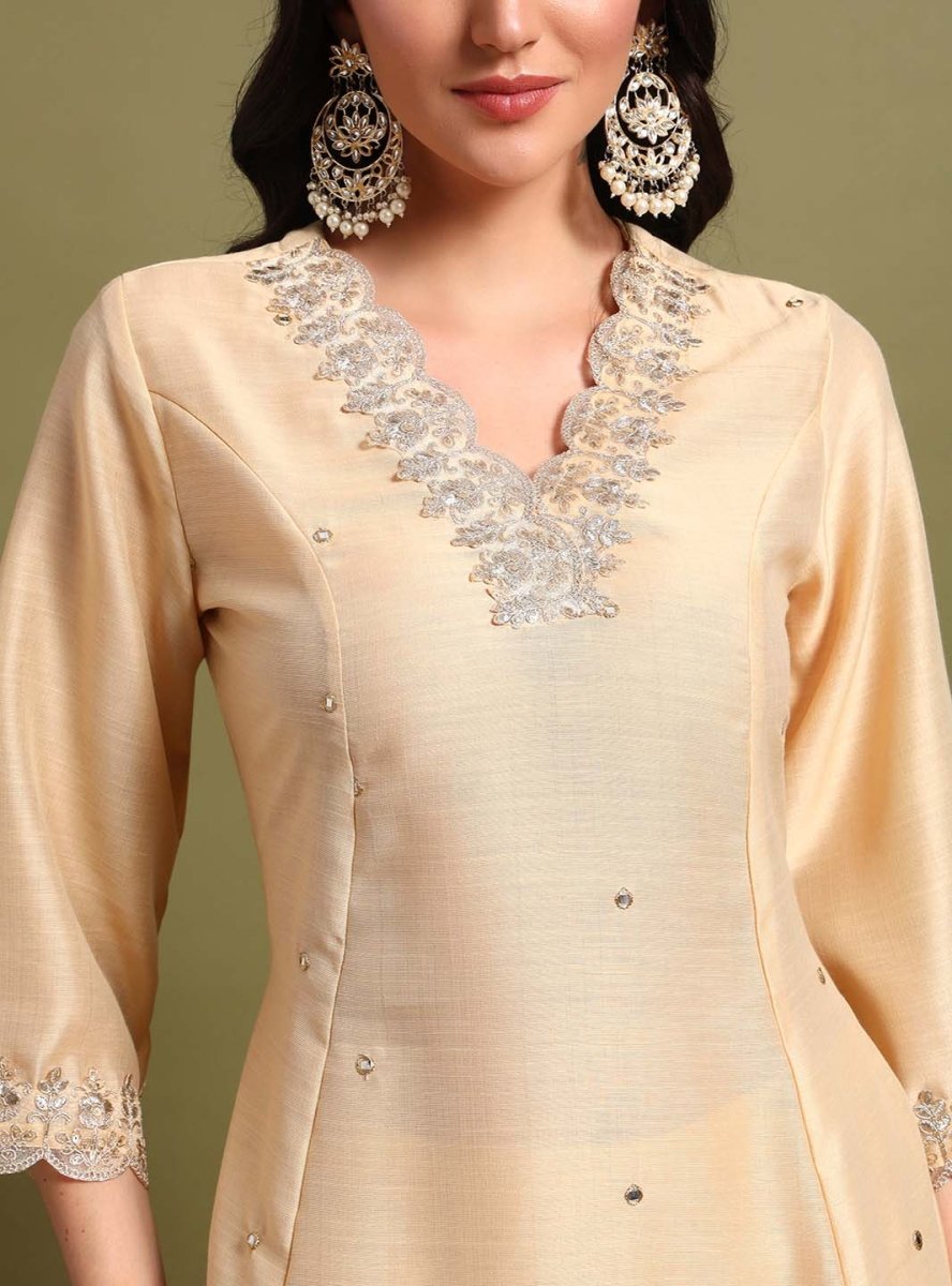 Beige V - neckline Anarkali Set with Lace Embroidery & Dupatta - Mahukaa