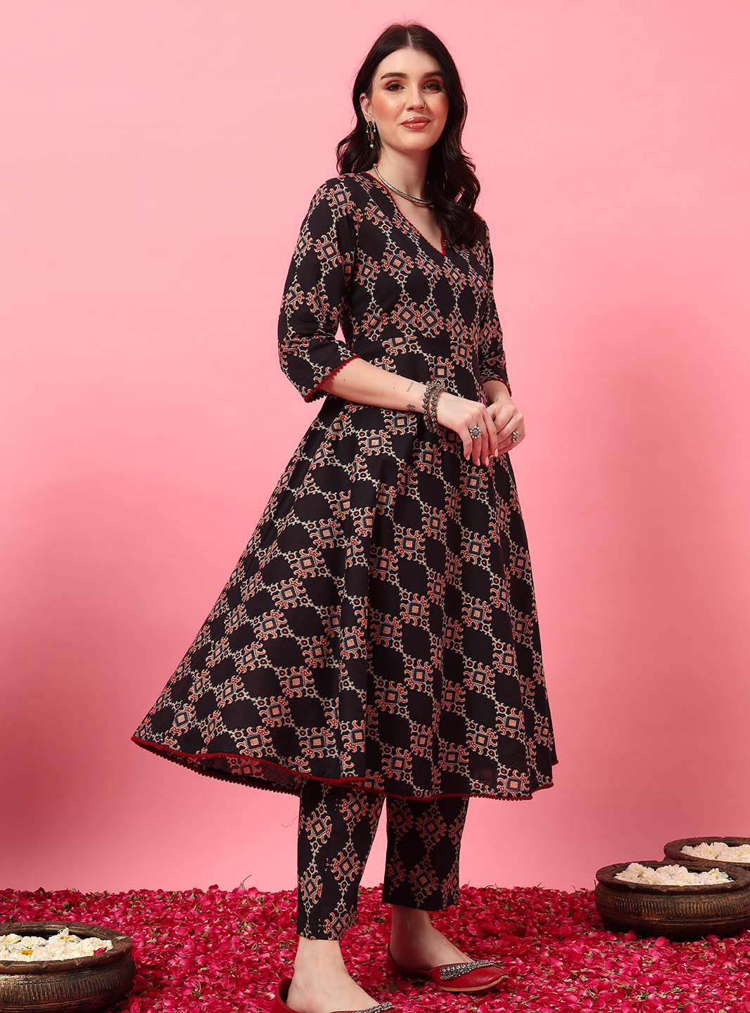Black Ajrak Printed Anarkali Set with V - Neck - Mahukaa