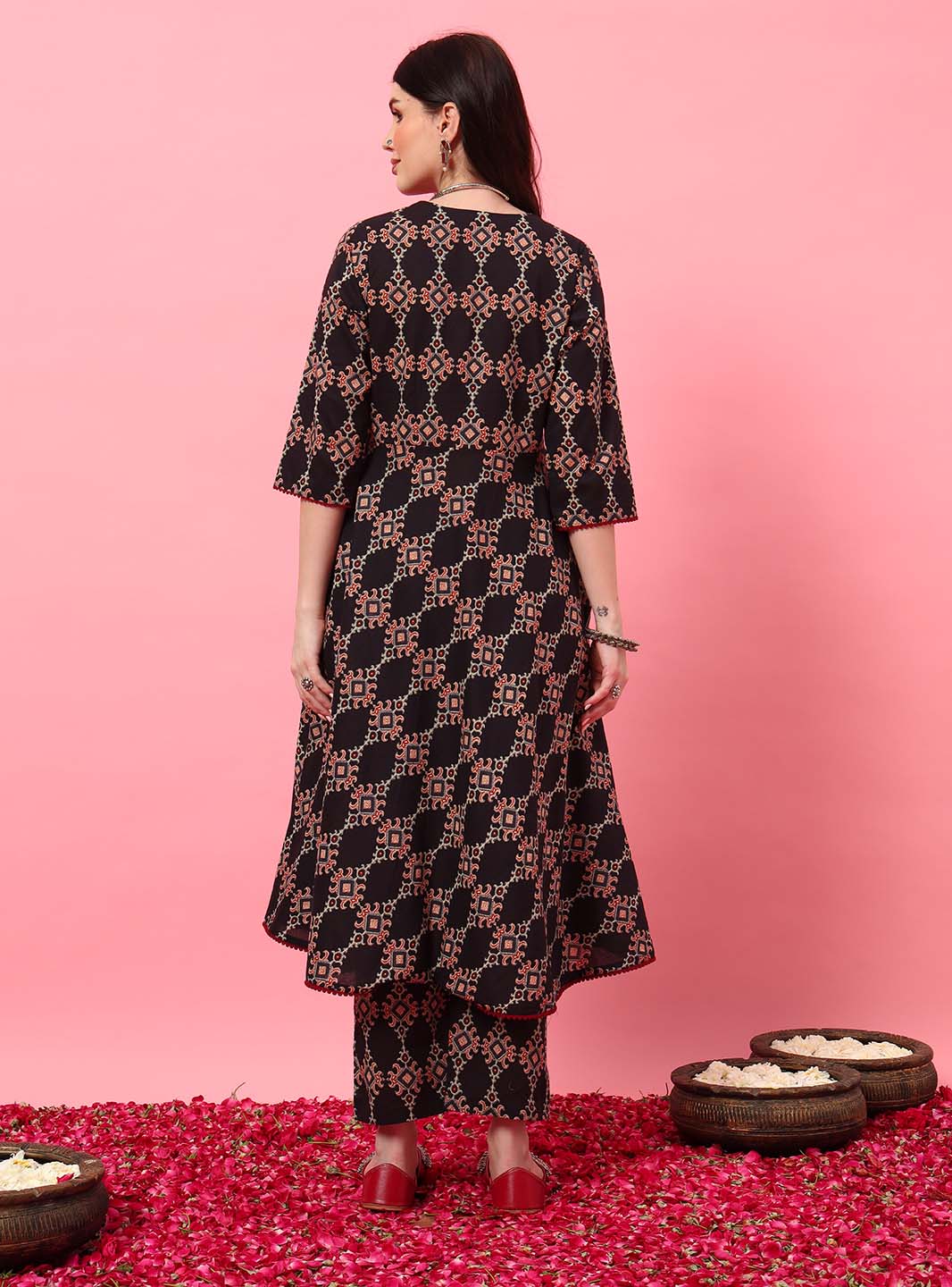 Black Ajrak Printed Anarkali Set with V - Neck - Mahukaa