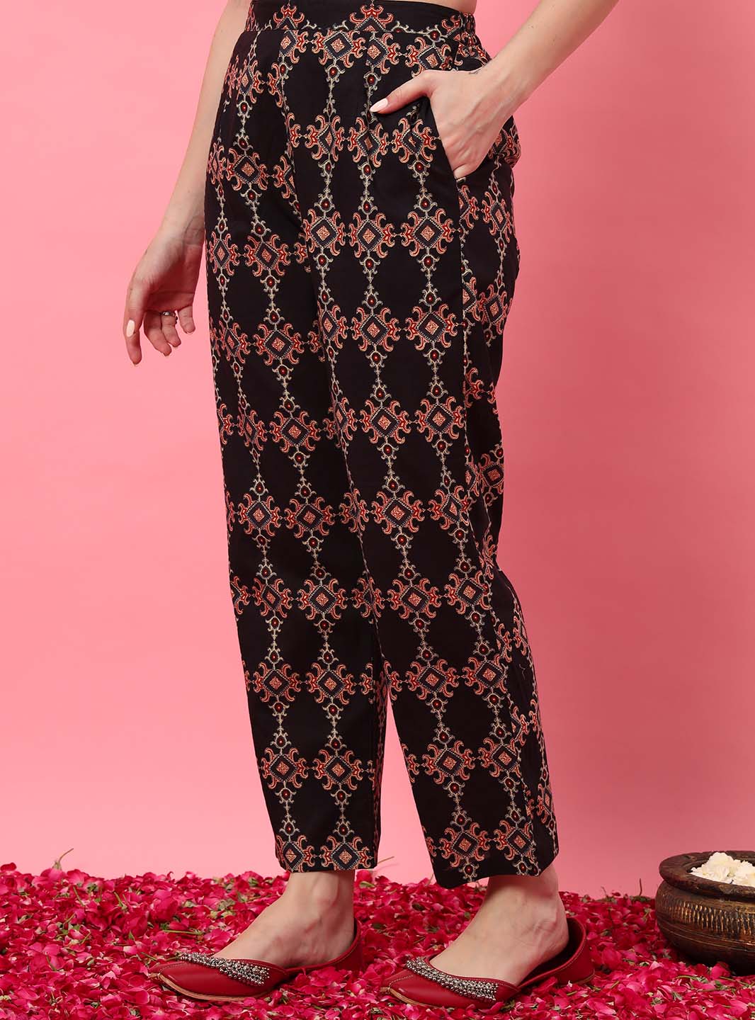 Black Ajrak Printed Anarkali Set with V - Neck - Mahukaa