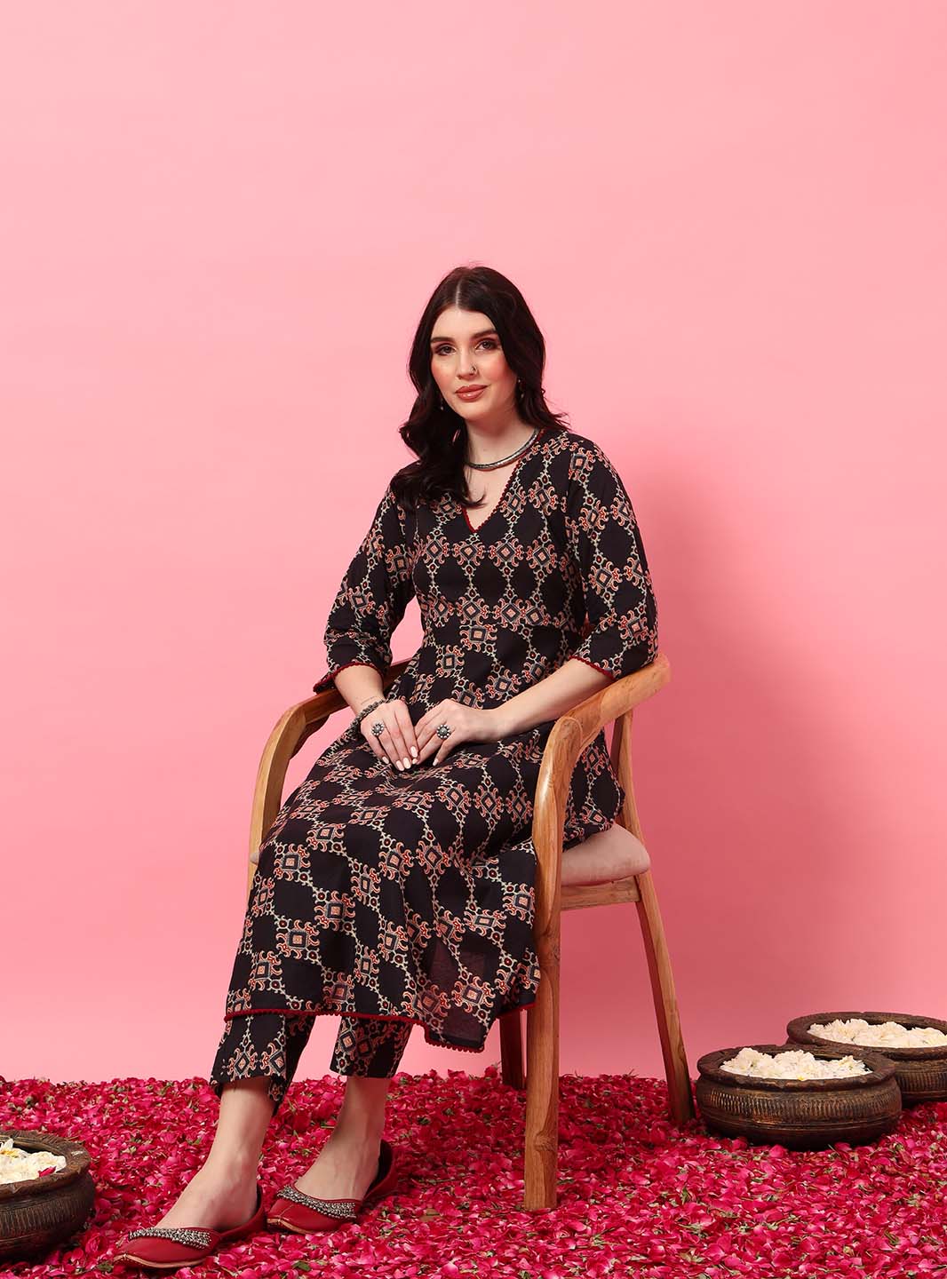 Black Ajrak Printed Anarkali Set with V - Neck - Mahukaa