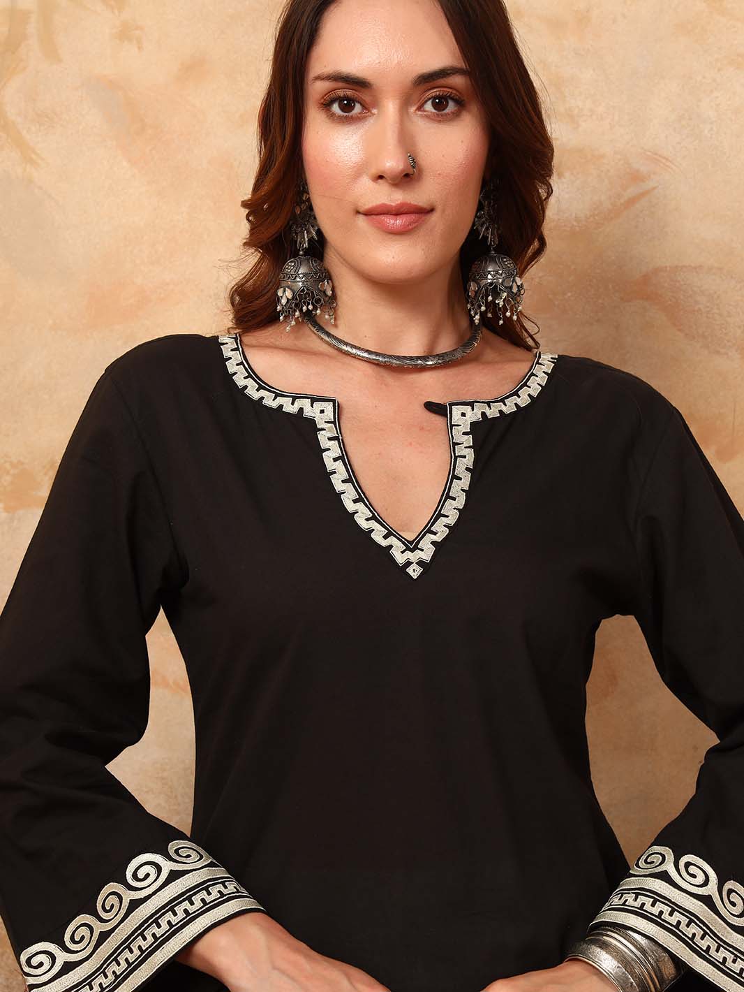 Black Embroidered A - Line Mini Flared Dress - Mahukaa