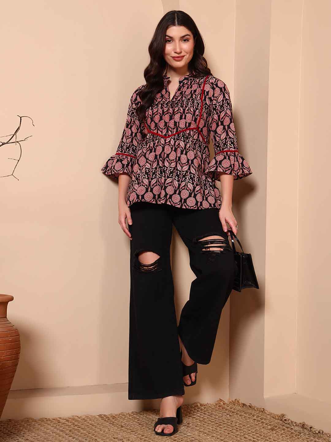 Black Floral Cotton A - Line Tunic with Mandarin Collar - Mahukaa