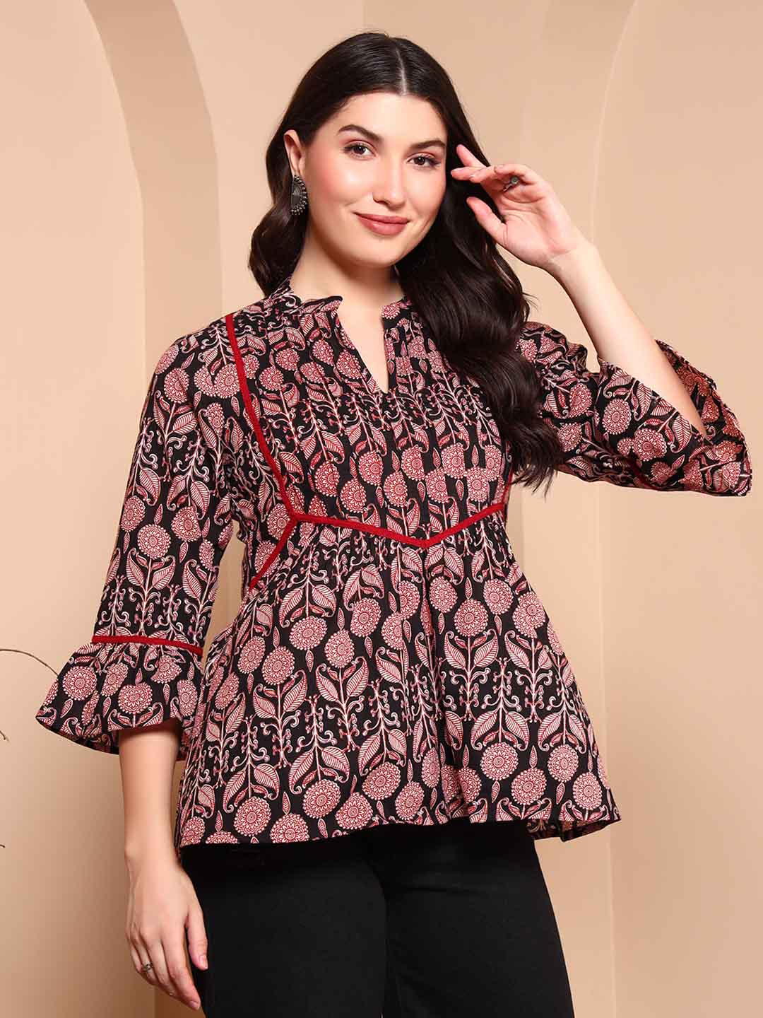 Black Floral Cotton A - Line Tunic with Mandarin Collar - Mahukaa