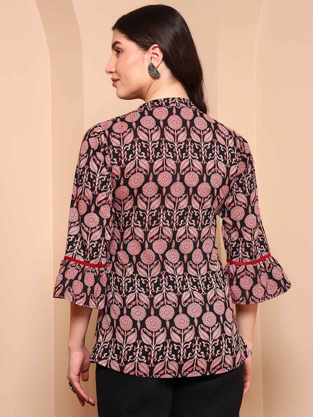 Black Floral Cotton A - Line Tunic with Mandarin Collar - Mahukaa