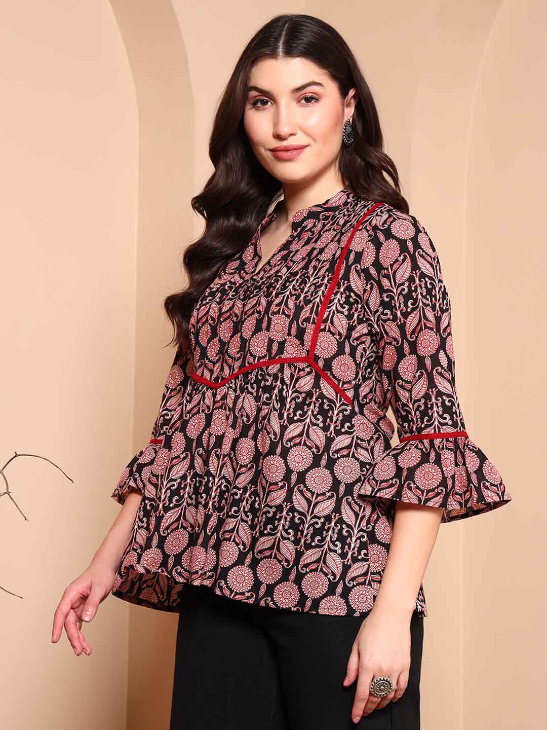Black Floral Cotton A - Line Tunic with Mandarin Collar - Mahukaa