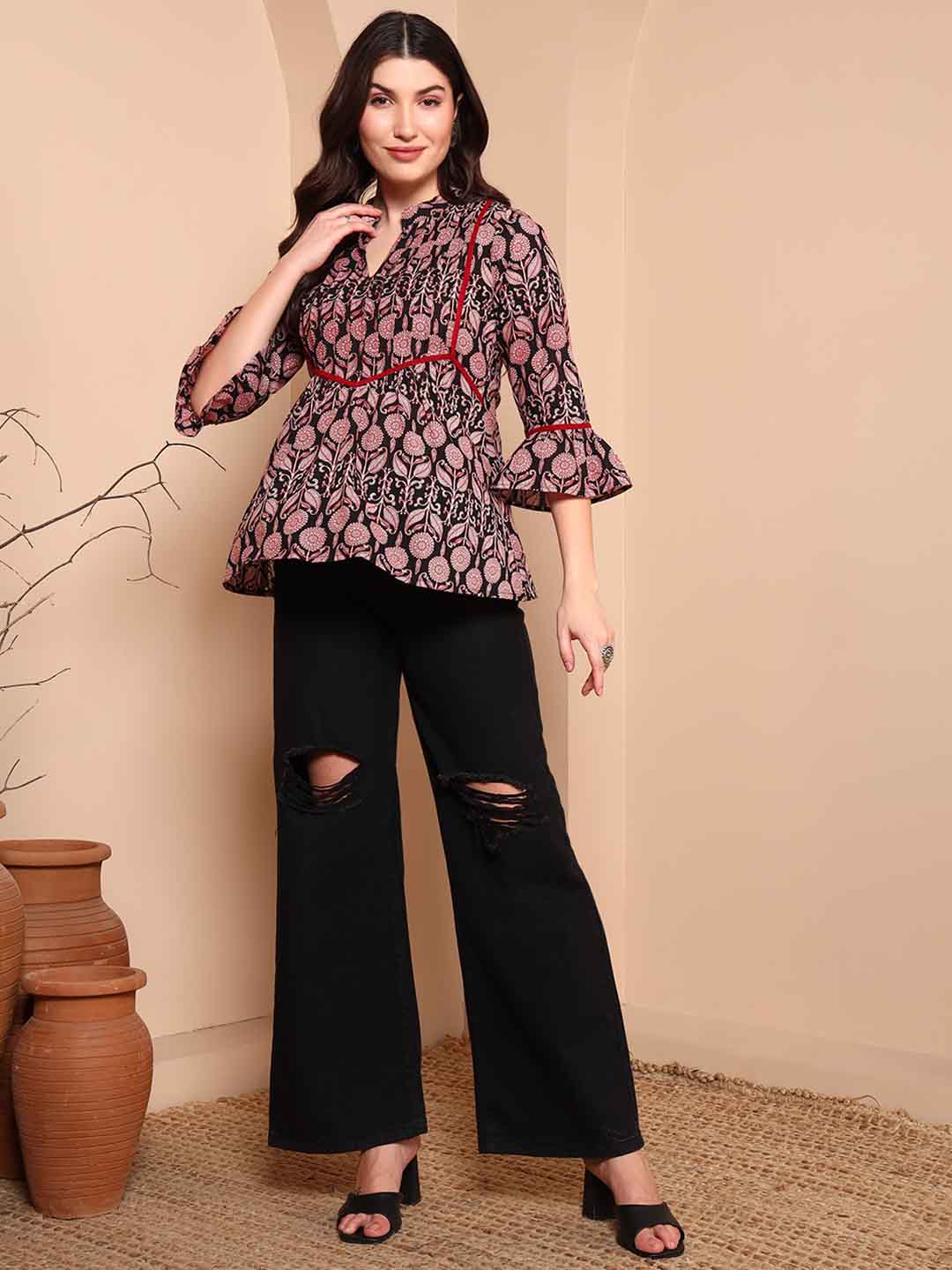 Black Floral Cotton A - Line Tunic with Mandarin Collar - Mahukaa