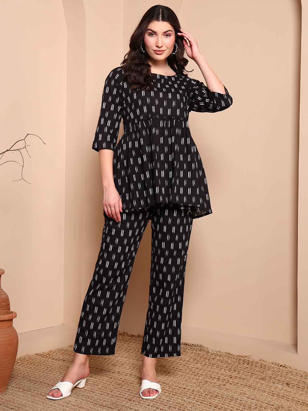 Black Ikkat Pure Cotton A - Line Co - ord Set - Mahukaa